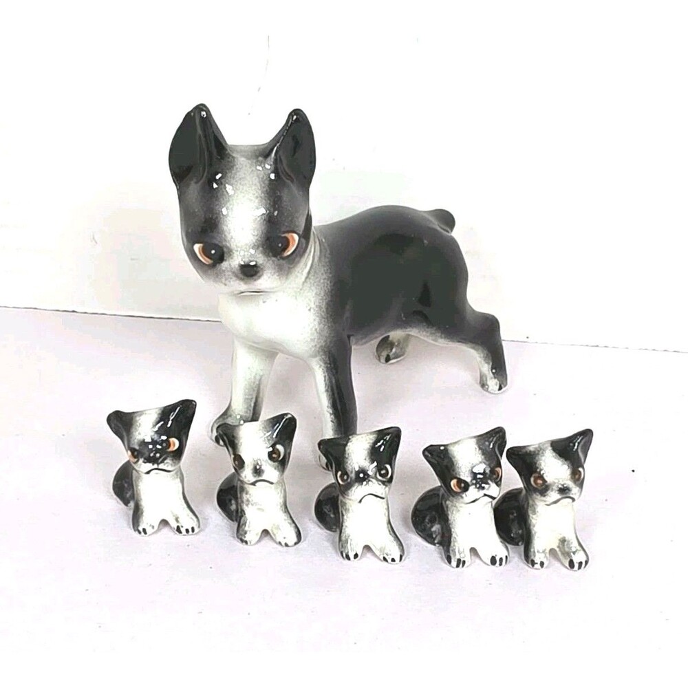 Vintage Figurines 1950's Porcelain Boston Terrier With 5 Puppies Japan